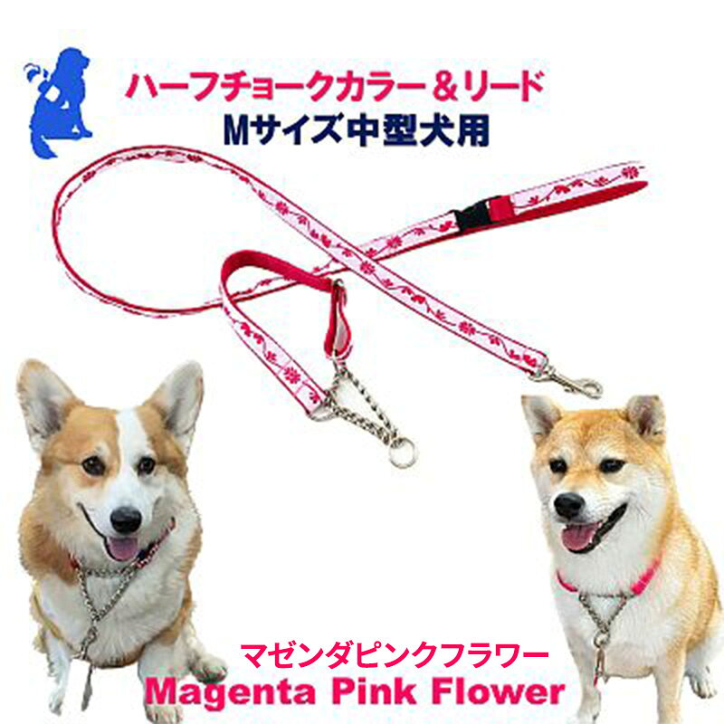 【ふるさと納税】【中型犬用・Mサイズ】 ハーフチョークカラーとリードのセット マゼンダピンクフラワー 手作り 日本製 桂木綿 引っ張り防止 しつけ 訓練 ビーグル 柴犬 ボーダーコリー 静岡県浜松市