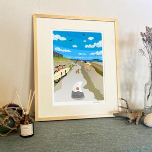 湘南・茅ヶ崎で描く、海を感じるイラストアート 『 湘南ランドスケープ12：茅ヶ崎から江ノ島へ、湘南サイクリングロード 』 ジークレーアートフレーム （大/木地仕上げ） /絵画 風景 版画