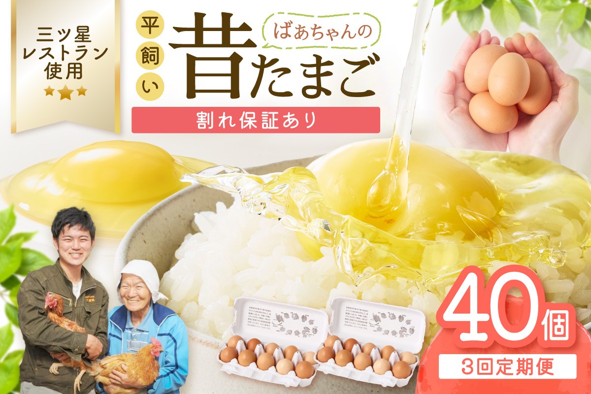 
                  【3回定期便】平飼いで のびのび！ばあちゃんの昔たまご 40個/月 割れ保証あり 999-B1236
                