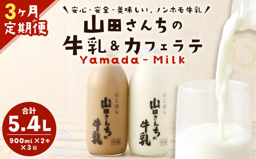 
【3ヶ月定期便】山田さんちの牛乳・カフェラテ2本セット 900ml×2本 計3回 合計5.4L ノンホモ牛乳
