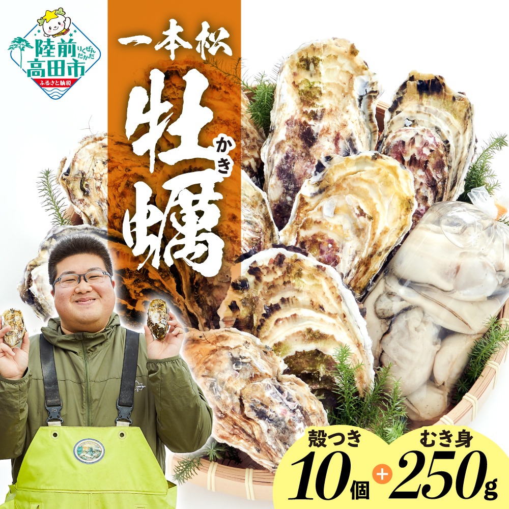 『一本松牡蠣』 生食用 殻付き牡蠣 10個 & 加熱用 むき身牡蠣 250g セット 【 天然 牡蠣 かき 殻付き むき身 生食 大粒 人気 国産 陸前高田 三陸産 広田湾産 気仙町 】