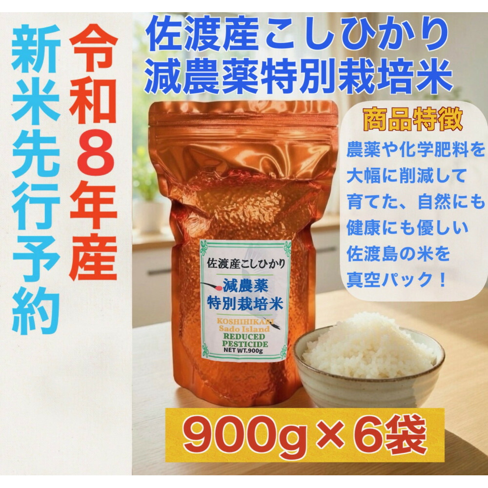 【令和8年産新米】佐渡島産 減農薬特別栽培米こしひかり 真空パック 900g×6袋セット195978-0036