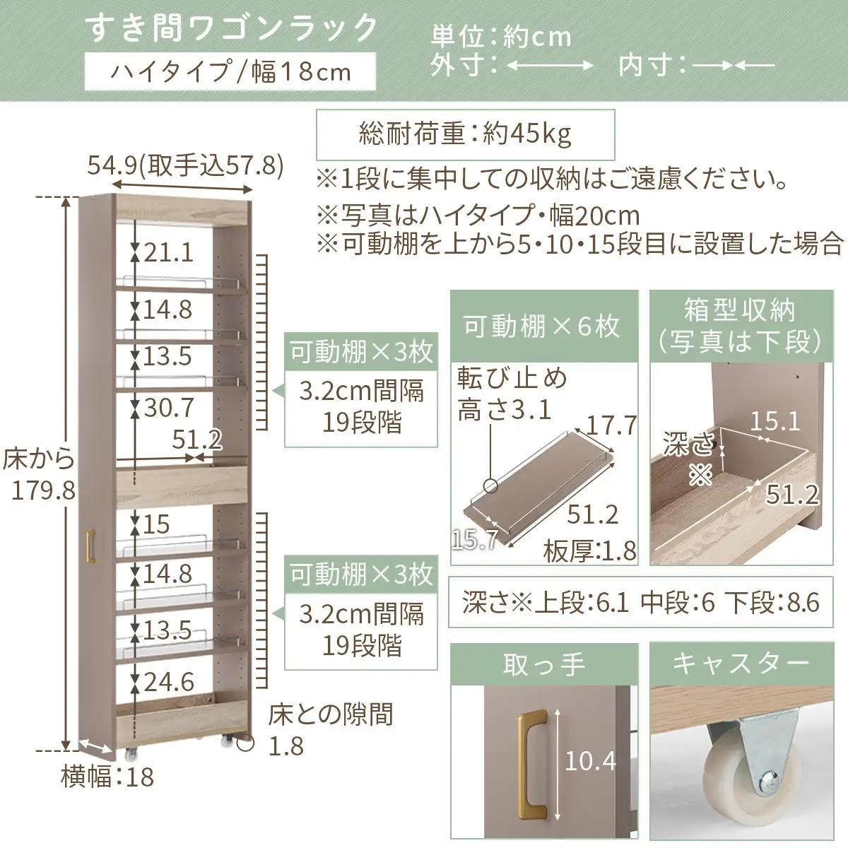 【完成品＋設置付き】すき間 ワゴンラック ハイタイプ 幅18cm （グレー）キッチン 隙間収納 キャスター付き キッチンワゴン スリム 収納 キッチン隙間ワゴン キッチン隙間家具 ラック キッチン収納