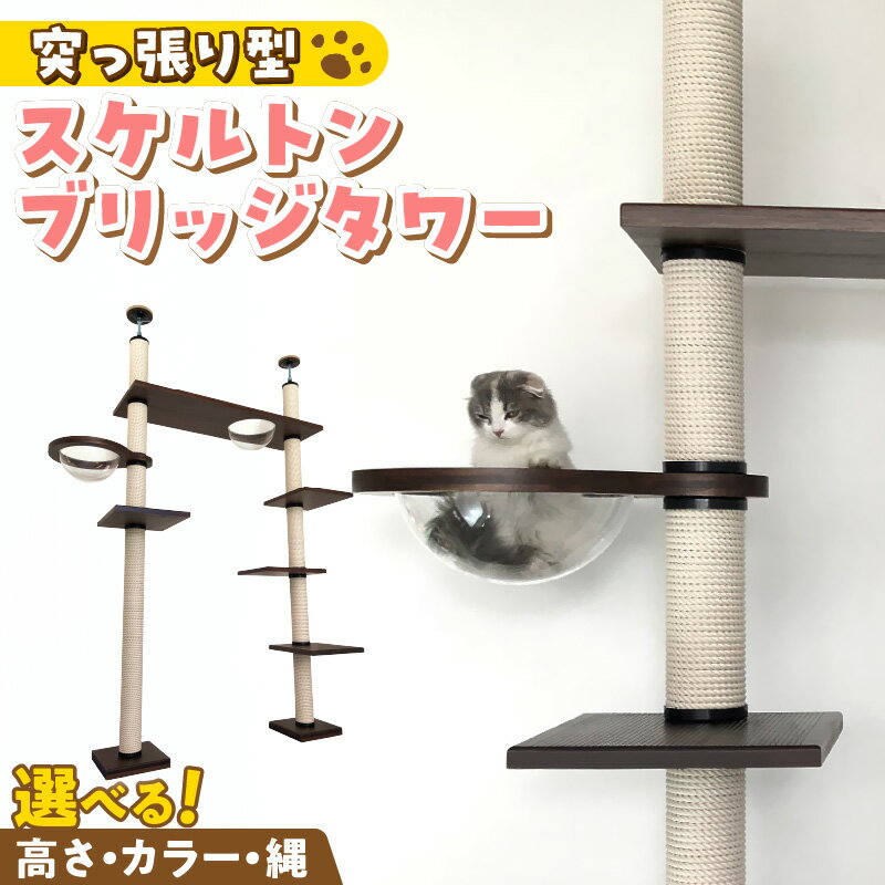 【ふるさと納税】キャットタワー スケルトン ブリッジタワー 突っ張り型 爪とぎ 猫 猫用 透明 クリアボウル 家具調仕上げ インテリア 重厚感 高級感 運動不足 ストレス 解消 安心 安全 耐久性 組立式 受注生産 日本製 国産 ペット用品 お取り寄せ 福岡県 久留米市 送料無料