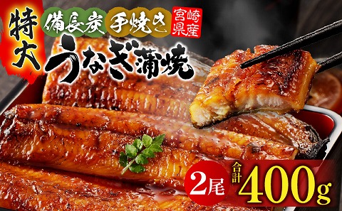 【宮崎県産】特大うなぎ備長炭手焼き蒲焼2尾(400g) 鰻 うなぎ 特大 特大うなぎ ウナギ 国産 蒲焼 2尾 うなぎの蒲焼 鰻の蒲焼 鰻蒲焼 惣菜 グルメ お取り寄せ 冷凍 真空パック パック 簡単調理 時短料理 湯煎 うな丼 うな重 土用丑の日 丑の日 お取り寄せグルメ