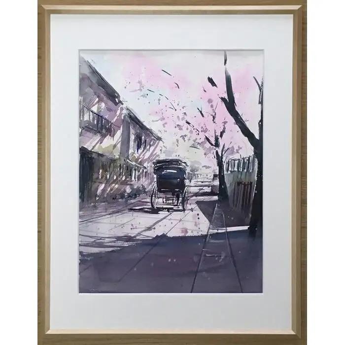 【桜舞う（鎌倉幕府跡）】鎌倉の風景水彩画[A４サイズ複製・額付]