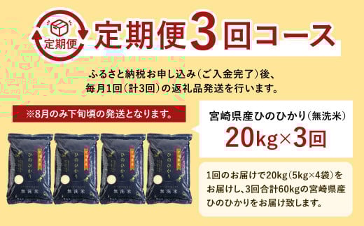 ＜令和7年産「宮崎県産ヒノヒカリ(無洗米)」20kg 3か月定期便＞お申込みの翌月下旬に第1回目を発送 米 ヒノヒカリ 定期便 コメ 無洗米
