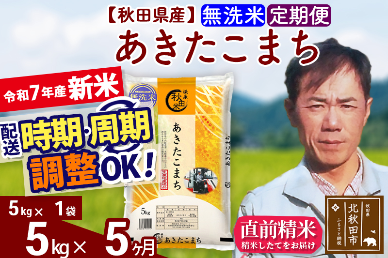 ※令和7年産 新米※《定期便5ヶ月》秋田県産 あきたこまち 5kg【無洗米】(5kg小分け袋) 2025年産 お届け時期選べる お届け周期調整可能 隔月に調整OK お米 みそらファーム