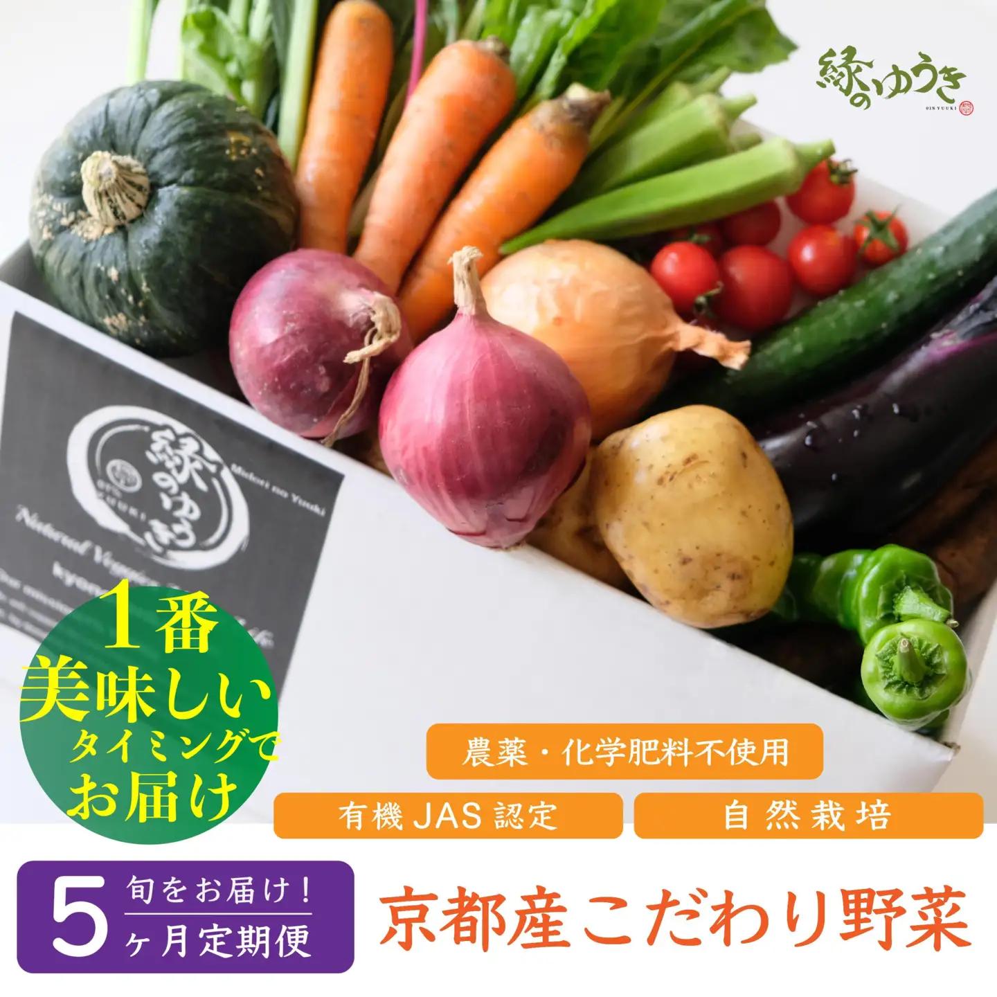 ＜5か月定期便＞2027年発送【緑のゆうき】購入された野菜の売上の1％が、社会貢献に 京都産のこだわり野菜（有機野菜、栽培期間中農薬・化学肥料不使用など）を 美味しいタイミングで収穫したセット	