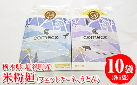 米粉麺 10袋（フェットチーネ、うどん各5袋）｜麺 家庭用 グルテンフリー 小麦粉不使用 こしひかり 米 こめ 名水百選 産地直送 期間限定 栃木県 塩谷町 ※2025年12月上旬～2026年5月下旬