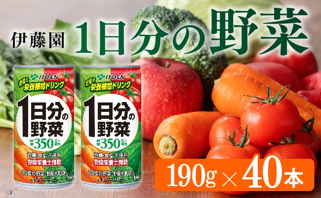 
            伊藤園 1日分の野菜 190g 40本（缶20本入り×２ケース） 【 飲料類 ソフトドリンク 野菜ジュース 】 宮崎県川南町
          