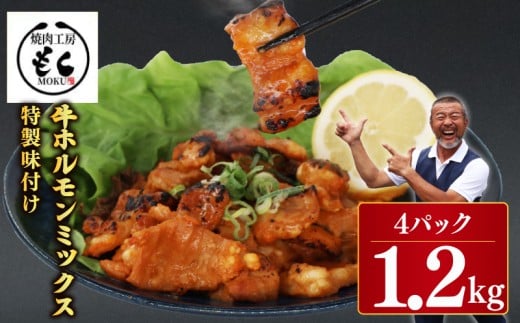 肉 ホルモン 牛ホルモン ミックス MIX 1.2kg 味付き 300g×4P 計1200g 牛肉 味付け おいしい 小分け 個包装 冷凍 たれ バーベキュー BBQ キャンプ フライパン ミックスホルモン 奈良県 奈良市 奈良 焼肉工房もく なら 9-020