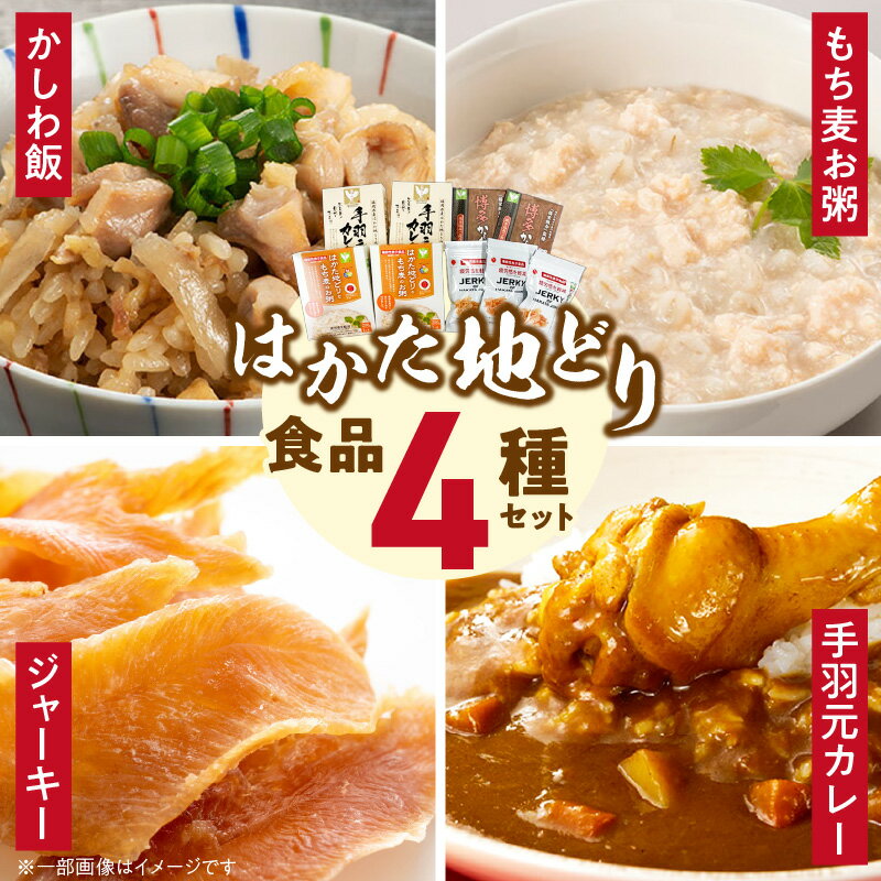【ふるさと納税】はかた地どり 常温 セット JERKY OF HAKATAJIDORI 20g×3 はかた地どりともち麦のお粥 200g×2 手羽元カレー 210g×2 かしわ飯の素 109g×2 4種類 疲労感 軽減 ジャーキー お粥 郷土料理 レトルト 加工品 お取り寄せグルメ 福岡県 久留米市 送料無料
