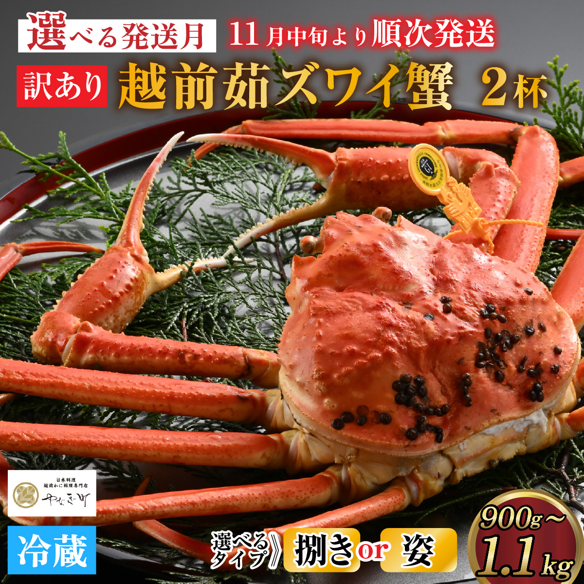 [捌き済選択可][到着日指定可]【訳あり】蟹好きが唸る老舗カニ料理店の越前茹ズワイ蟹 大サイズ(900g〜1.1ｋg)2杯【11月中旬より順次発送】 [J-085030]/ カニ かに かにボイル かにみそ 越前ガニ ズワイガニ ずわい蟹 ズワイガニ 姿 福井 国産 冷蔵 送料無料 越前ガニ ズワイガニ ずわい蟹 ズワイガニ