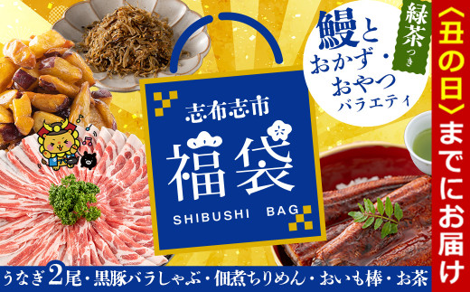 【丑の日までに配送】志布志市福袋！鰻とおかず・おやつ贅沢セット(極うなぎ2尾＆黒豚バラしゃぶ2P＆お茶＆佃煮ちりめん＆お芋棒) ウナギ バラエティ 詰め合わせ 食べ比べ お楽しみ b8-035-us