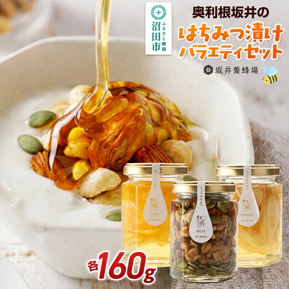 【ふるさと納税】奥利根坂井のはちみつ漬けバラエティセット 柚子・生姜・ナッツ （各160g） 坂井養蜂場 [国産 ハチミツ 蜂蜜 アカシア あかしあ 詰め合わせ お試し 蜂蜜漬け 蜜漬け トッピング]