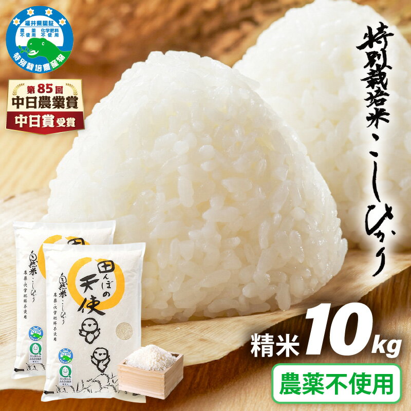 【ふるさと納税】【中日賞受賞】【令和7年産】農薬不使用 特別栽培米コシヒカリ10kg（5kg×2）【精米】福井県認証区分1取得「田んぼの天使」越前町【コシヒカリ 精米 こしひかり 10キロ お米 コメ 米 農薬化学肥料不使用 送料無料 福井県 越前町】
