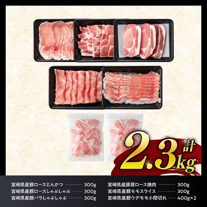【ご入金確認後、14日以内に発送】宮崎県産豚肉６種　2.3kg 【 国産 宮崎県産 豚 ぶた 肉 ロース バラ とんかつ 焼肉 】 [B00625ss]