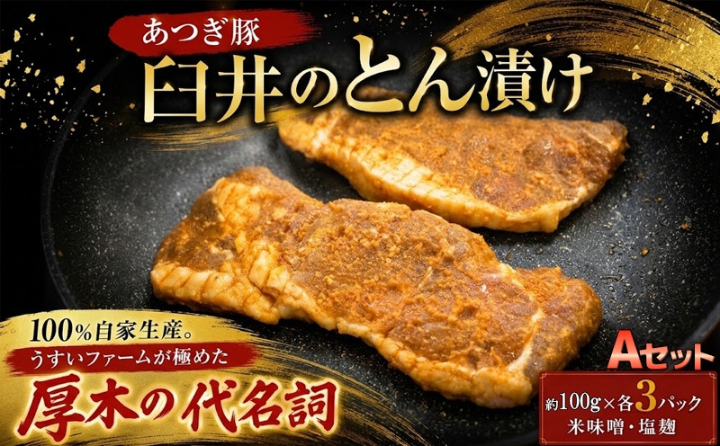 
                  豚 豚肉 味噌漬け 約 100g × 各 3パック 合計 約 600g ロース 豚ロース 厚切り 豚肉 塩麹  米味噌 名産 特産 お土産 とん漬け あつぎ豚 自家生産 臼井のとん漬け Aセット かながわ名産100選 神奈川県 厚木市 株式会社うすいファーム UIF007
                