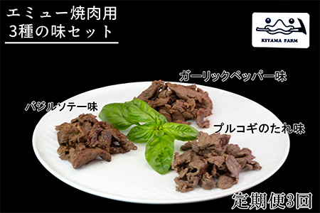 【3か月定期便】エミュー焼肉用3種の味セット【エミュー 基山産 高タンパク 高鉄分 低カロリー ヘルシー ジビエ 貴重肉 鉄分補給】C7-A006301