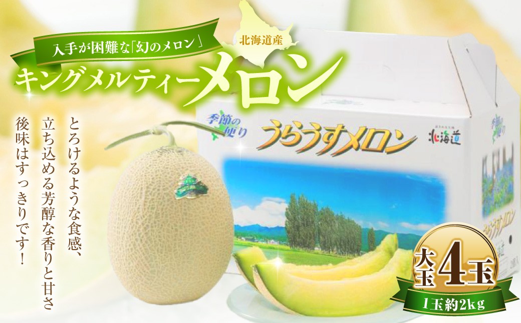 
            キングメルティーメロン 大玉 4玉（1玉 約2kg） 【2026年7月上旬～7月下旬迄順次発送予定】 果物 フルーツ メロン めろん 青肉 希少フルーツ 希少品 北海道 浦臼町
          