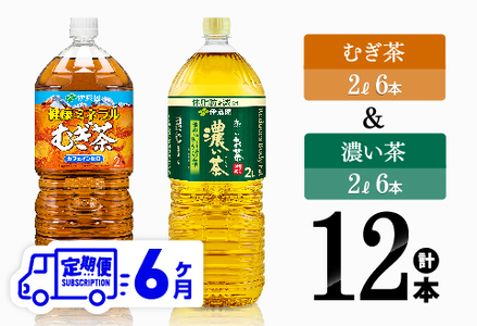 【6ヶ月定期便】むぎ茶（2L）＆濃い茶（2L）(PET）12本 【 飲料類 麦茶 お茶 濃い茶 緑茶 PET セット 詰め合わせ 飲みもの 全6回 】