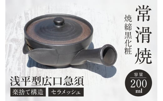 常滑焼 焼締黒化粧 浅平型広口急須 楽捨て構造 セラメッシュ（陶製茶こし）