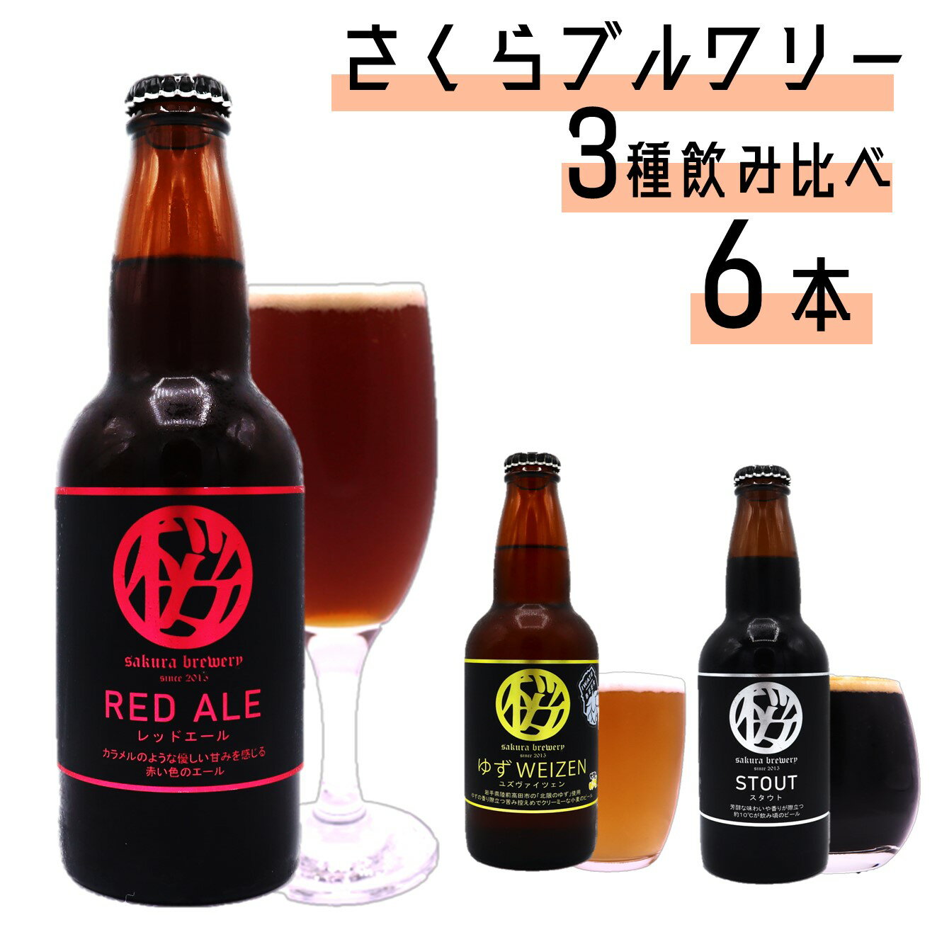 【ふるさと納税】クラフトビール 3種の 飲み比べ セット (b-2) 6本入 さくらブルワリー 岩手県 北上市 B0391 BOX 東北 国産 クラフトビール 地ビール 瓶ビール お酒 ギフト 贈答用 プレゼント お歳暮 クリスマス お祝い ゆずWEIZEN STOUT RED ALE BBQ