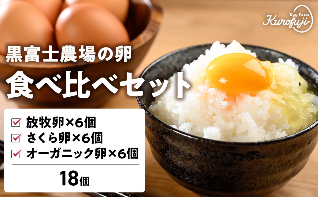 
            黒富士農場の卵食べ比べセット 計18個　卵 たまご タマゴ 玉子 鶏卵 生卵 さくら卵 食べ比べセット 食べ比べ 黒富士農場 新鮮 自然卵 放牧卵 たまごかけご飯 平飼い オーガニック 冷蔵 山梨県 甲斐市 B-27
          