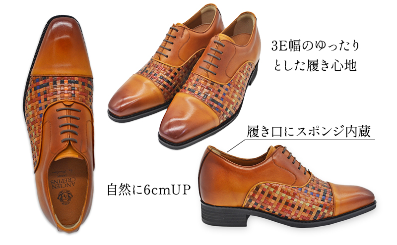 山羊革メッシュ ストレートチップ 6cmヒールアップ 本革 メ