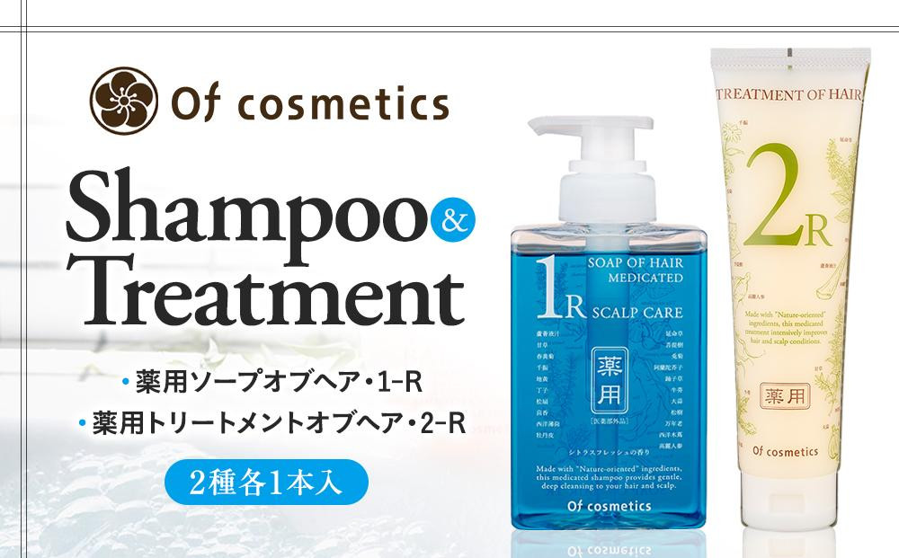
            オブ・コスメティックス　薬用ソープオブヘア・1-R＆薬用トリートメントオブヘア・2-R　シャンプートリートメントセット　2種各1本入り｜シャンプー トリートメント 薬用 保湿 髪 改善 ダメージ  毛髪 直物エキス ヘアサロン 頭皮 潤い コスメ
          