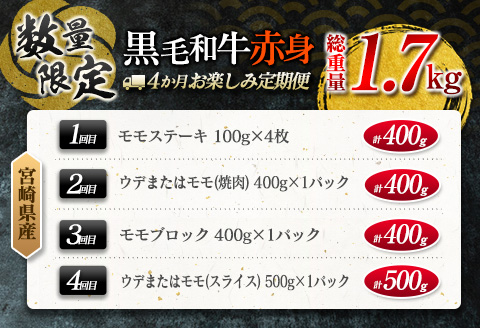【令和6年7月から毎月発送】数量限定 4か月 お楽しみ 定期便 黒毛和牛 赤身 総重量1.7kg 肉 牛 牛肉 国産 食品 焼肉 ステーキ スライス 送料無料 お肉だヨ!全員集合!!_GH3-23-F