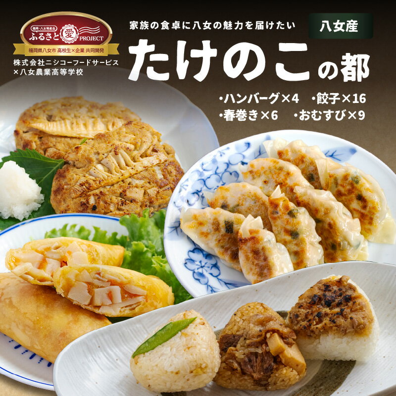 【ふるさと納税】たけのこの都(みやこ) お惣菜＆おむすびセット｜八女産たけのこ使用のハンバーグ（4個）、餃子（2袋）、春巻き（6個）、おこわおむすび（3種×3個）惣菜 弁当 おかず 福岡県 八女市【ふるさと愛プロジェクト】