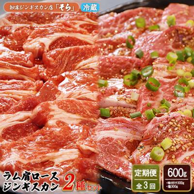 ふるさと納税 中標津町 【定期便:全3回】知床ジンギスカン店「そら」ラム肩ロースジンギスカン2種　計600g【16011】