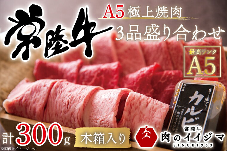 【ふるさと納税】肉 常陸牛A5 極上焼肉3品盛り合わせ 計300g 食べ比べ カルビ もも厚切り サーロイン 木箱入り 特製タレ付き 赤身 黒毛和牛 お中元 敬老の日 お取り寄せ お祝い 内祝い 出産 結婚 快気祝い プレゼント 誕生日 ギフト 茨城県 水戸市 肉のイイジマ（DU-32）