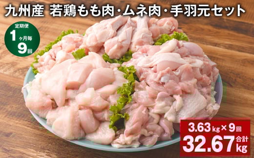 【1ヶ月毎9回定期便】 九州産 若鶏もも肉・ムネ肉・手羽元セット 計約32.67kg（約3.63kg×9回） 鶏肉 もも肉 ムネ肉 手羽元【お申込み翌月から出荷】