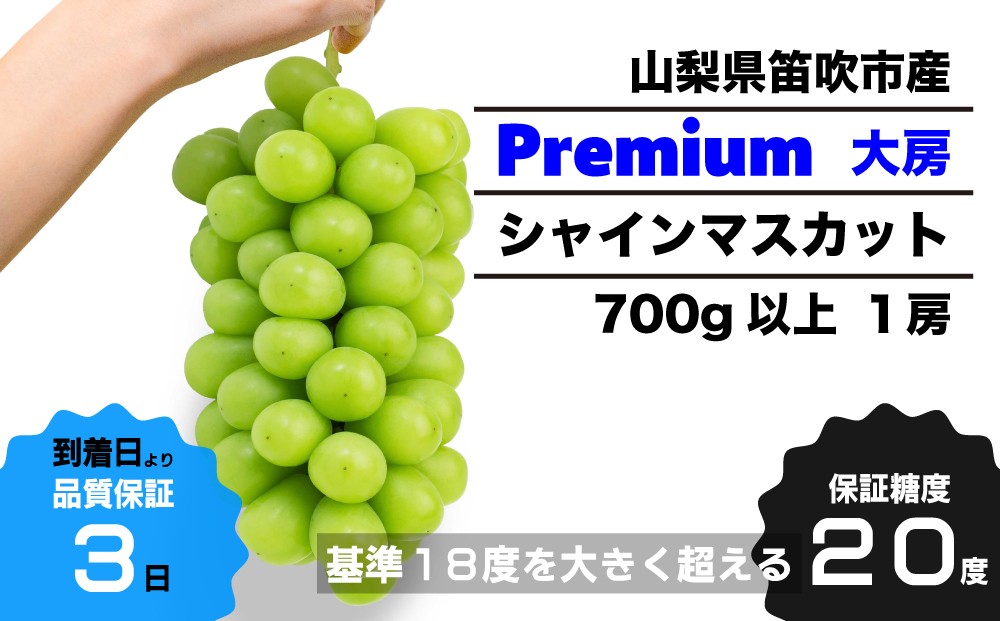 
            【糖度20度保証付】プレミアム大房シャインマスカット 1房 700g以上【数量超限定】旬の美味しいフルーツだけをお届けします【ルッチ Rucci】産地直送 山梨県 笛吹市 果物 葡萄 ぶどう 贈答 人気 ギフト プレミアム 高級 104-043
          