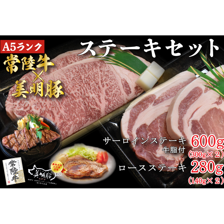 DT-23【常陸牛A5ランク・美明豚ステーキセット】常陸牛サーロインステーキ600g（300g×２枚）＋美明豚ロースステーキ280g（140g×２枚）