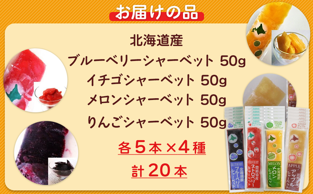北海道 豊浦町 シャーベット 4種 味くらべ 各5本ずつ（ ブルーベリー、いちご、メロン、りんご ） TYUN019
