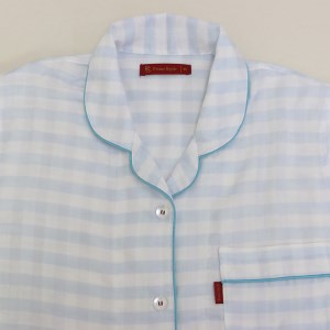 22-35 オーガニックコットンWガーゼチェックレディスパジャマ【播州織使用】 サックス・Lサイズ