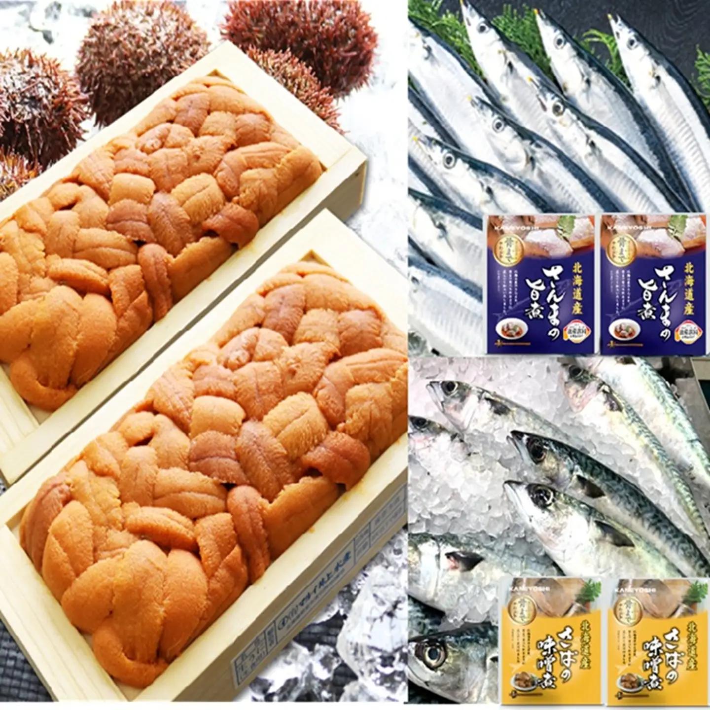 エゾバフンウニ約100g×2折・さんま旨煮×2P・さば味噌煮×2P[10月下旬以降発送] F-71018