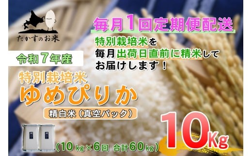 【6回定期便】ゆめぴりか (精白米)  10kg×6回 真空パック 【2025年10月下旬より発送開始】 合計60kg  北海道 米 を代表する人気の品種 北海道 鷹栖町 たかすのお米 特別栽培米 米 コメ ご飯 精 白米 お米 ゆめぴりか
