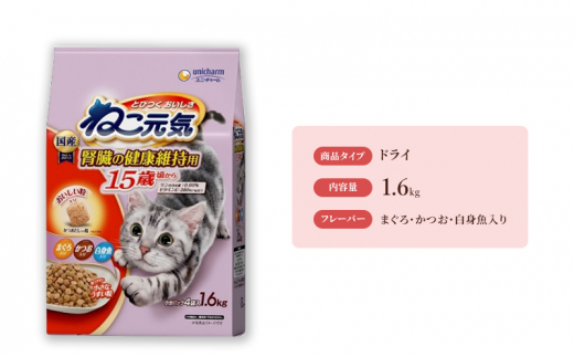 ねこ元気 15歳頃から まぐろ・かつお・白身魚入り 1.6kg×6袋 ペットフード キャットフード 猫のごはん 猫用フード 猫 ペット ドライ ユニ・チャーム ペット ユニ・ケアー [№5275-0477]