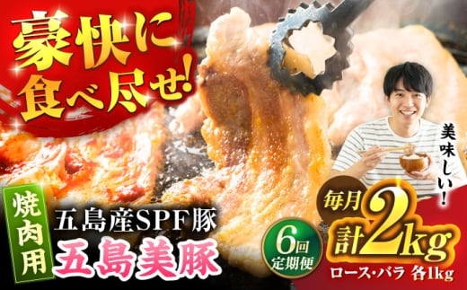 【6回定期便】五島美豚焼肉2kg[PAF055] 焼肉用 五島美豚焼肉 国産豚 豚肉セット ブランド豚 食べ比べ 冷凍 ロース バラ ばら BBQ バーベキュー 小分け 焼き肉 やきにく 人気 おすすめ