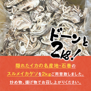 石巻産スルメイカゲソ 2kg 12月配送 冷凍 国産 いか 下足 おつまみ ゲソ天 焼イカ おかず