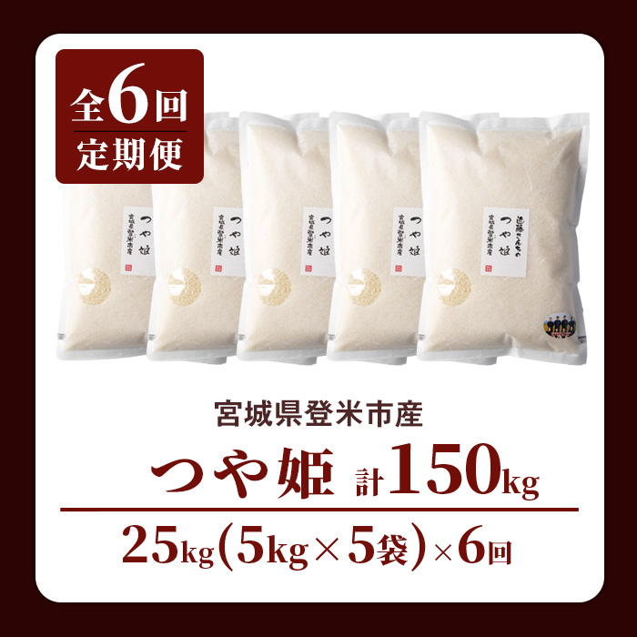 【6回定期便】≪令和8年産≫ つや姫 精米 計150kg(25kg×6回) 宮城県登米市産 お米 おこめ 米 コメ 白米 ご飯 ごはん おにぎり お弁当 6か月 頒布会【株式会社近藤農産】tm507