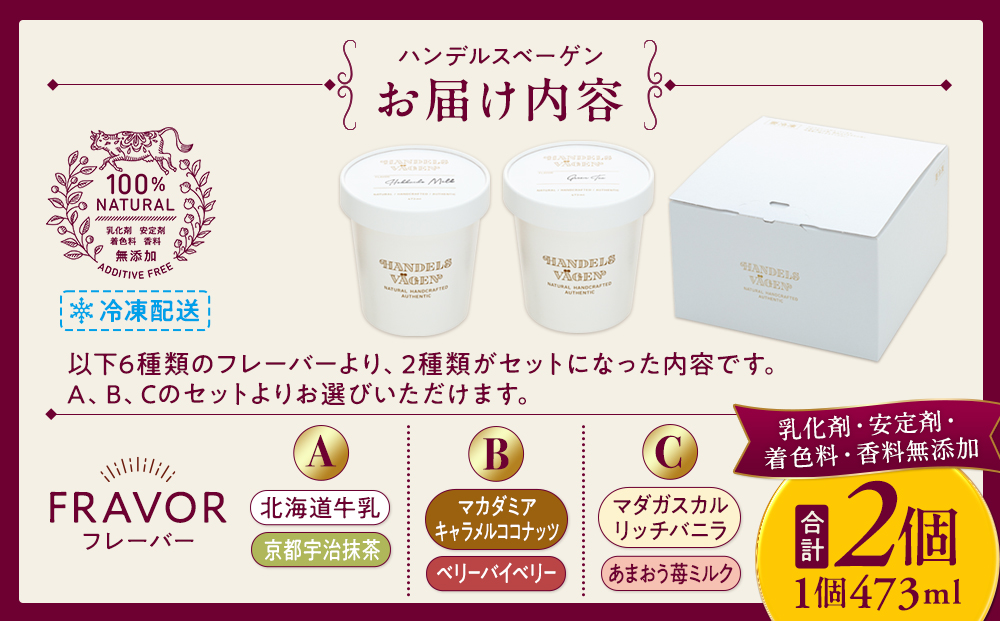 C:ハンデルスベーゲン無添加アイスクリーム/たっぷり入ったパイントサイズ2個入り（マダガスカルリッチバニラ・あまおう苺ミルク） パーティー 家族 大容量 バニラ あまおう 苺