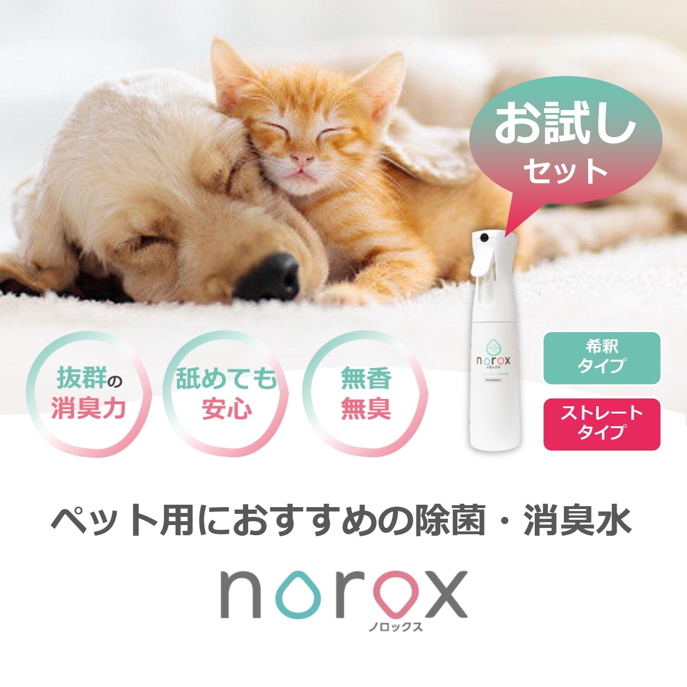 
                  ノロックス norox お試しセット(希釈タイプ または ストレートタイプ) ｜ ノロックス 次亜塩素酸水 ミスト 除菌 消毒 消臭 消臭剤 花粉 ダニ 対策 弱酸性 肌に優しい 愛媛県 松山市
                