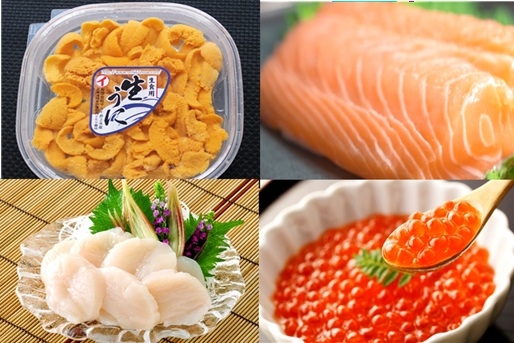 
                  E-40034 エゾバフンウニ塩水パック100g×1P、いくら醤油漬け(鱒卵)100g×1P、お刺身ホタテ貝柱300g×1P、お刺身サーモン300g～500g(1～3本)[11月下旬以降発送]
                