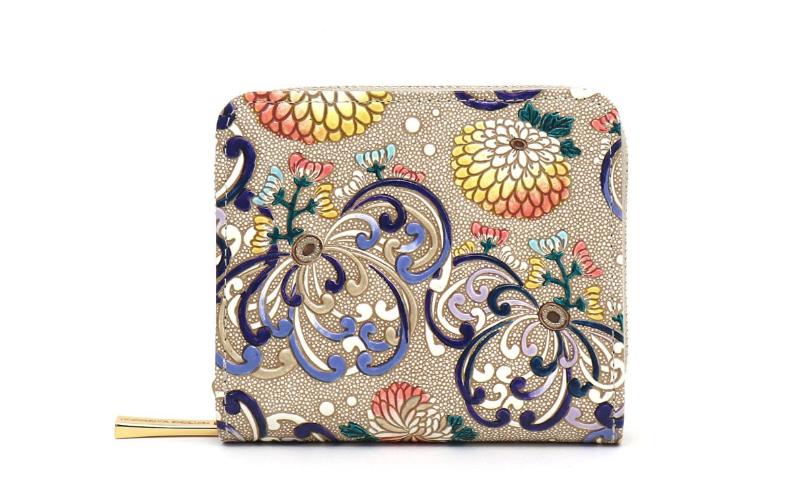 【文庫屋大関】二つ折りファスナーミニ財布 乱菊＜青紫＞【皮革工芸品】財布 二つ折り 小物 お札 カード 小銭 コンパクト 牛革 手作り 日本製 墨田区 東京都